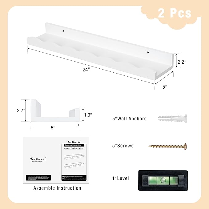 Fun Memories Picture Ledge Shelf for Wall, 24 inch Pine Wood Nursery Book Shelves Set of 2- Wall Book Shelves for Kids Room, Home Decor - Kitchen Spice-White-Ruum Studio Home