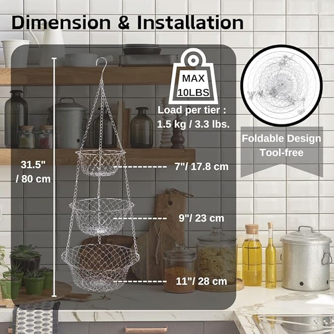 IBERG 3-Tier Fruit Basket Hanging Baskets for Storage - Kitchen Bathroom Organizer (Chrome)-Ruum Studio Home