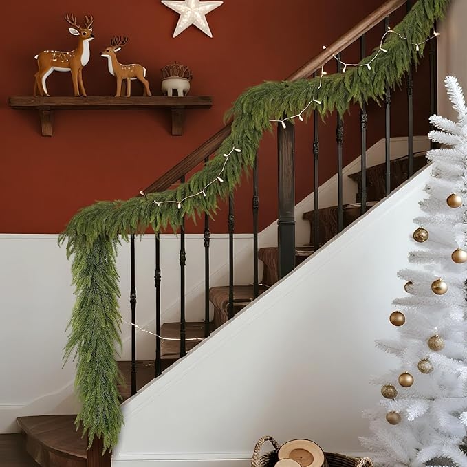 9FT Christmas Norfolk Pine Garland -2PCS, Artificial Pine Needles Garlands Faux Greenery Fake Garland for Holiday Fireplace,Table,Window,Stairs,Mante,Indoor Outdoor Decor-Ruum Studio Home