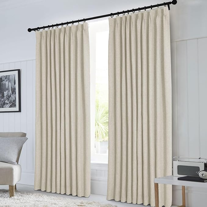 Macochico 100”Wx96”L Pinch Pleated 100% Blackout Linen Curtains Thermal Sliding Curtains for Bedroom Living Room Sliding Glass Door Farmhouse Shabby Chic Ivory White Drapery with Tieback 1 Panel-Ruum Studio Home