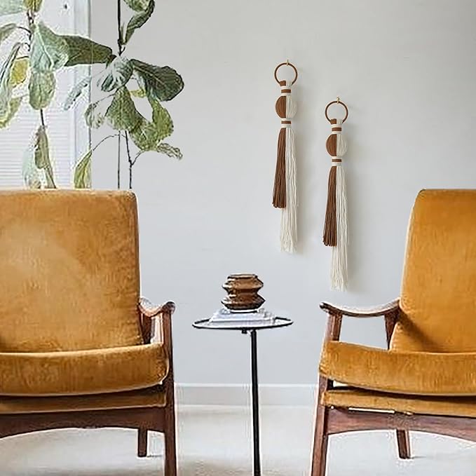 2Pcs Macrame Wall Hanging Boho Home Decor Fiber Art with Sphere Knots Tassels Handmade Yarn Art for Bedroom Living Room Office Entryway-Ruum Studio Home