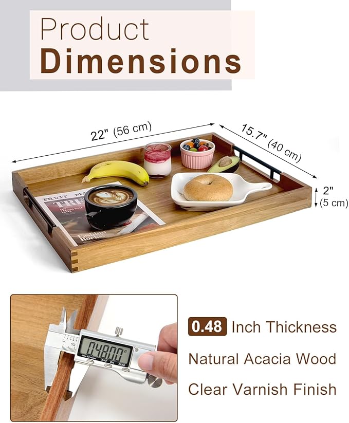 22 Inches Acacia Wood Serving Tray with Metal Handles, Large Wooden Rectangle Ottoman Tray, Decorative and Durable Design for Living Room Coffee Table Couch Kitchen-Ruum Studio Home