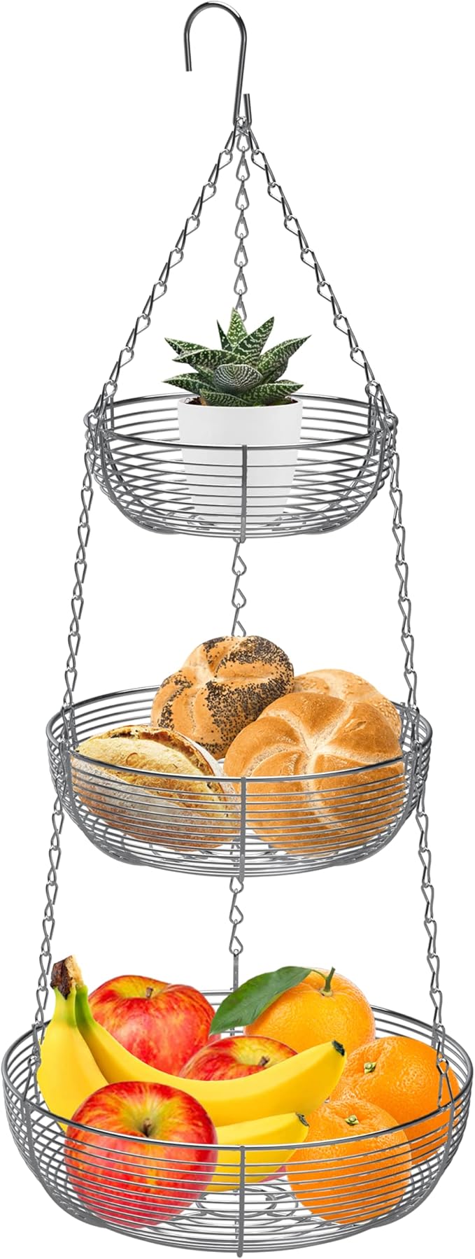 CAXXA 3-Tier Hanging Basket Fruit Organizer Kitchen Heavy Duty Wire Organizer with 2 Free Bonus Metal Ceiling Hooks, Chrome-Ruum Studio Home