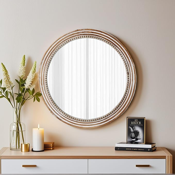 24 Inch Rustic Round Mirror - Farmhouse Vintage Bathroom Vanity Mirror, Wall-Mounted Round Mirrors for Bathroom Sink, Bedroom & Living Room and Framed Decorative Restroom Mirror-Ruum Studio Home