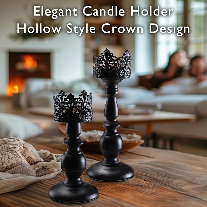 Homemory Black Halloween Candle Holders for Pillar Candles Set of 2, Gothic Vintage Candle Holders for Table Centerpiece, 11" 9" Tall Candle Stand Decorative for Dining Fireplace Living Room (Black)-Ruum Studio Home
