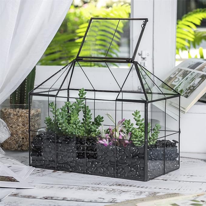 NCYP Glass Terrarium Planter with Lid for Small Succulent Cacti, Grid House Shape Black Geometric Terrarium Pot, Home Garden Indoor Tabletop Decor, 9.84" x 5.31" x 7.87" (No Plants)-Ruum Studio Home