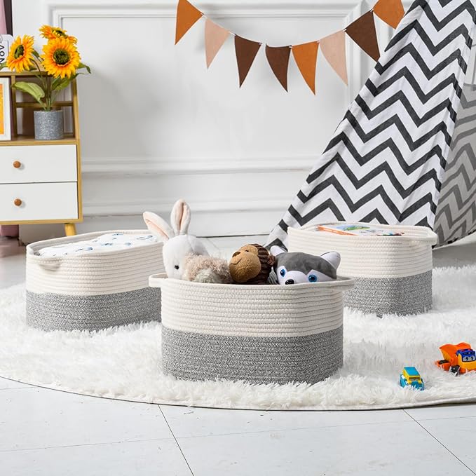Cotton Rope Woven Storage Basket, Used for Baby Hamper Toy Organizer, Gift Baskets Empty,Kids Laundry Basket,Baby Blanket Basket. Size 15x10x8.7 Inches. (White&Grey-3PCS)-Ruum Studio Home