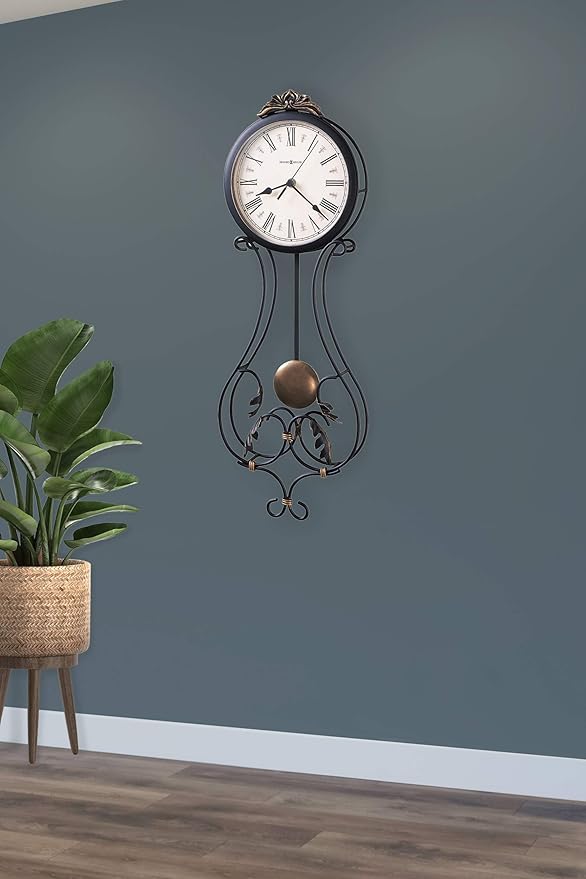 Howard Miller Paulina Wall Clock, Gray Finishes with Golden Pendulum & Quartz Movement, Classic Round White Dial with Roman Numeral Perfect for Home Decor, Living Room & Office Wall Mount-Ruum Studio Home