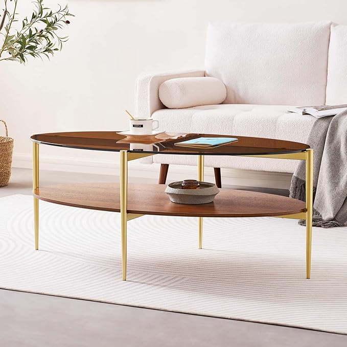 Oval Glass Coffee Table, Mid-Century Modern Design, L43 x W22 x H17 inch, 2-Tier Structure, Olive Shaped Amber Glass Top and Walnut Finish Wood Shelf, Tapered Legs with Gold Finish Frame-Ruum Studio Home