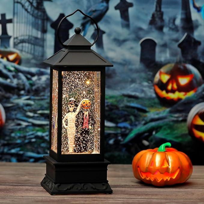 Halloween Snow Globes, Skull and Black Cat Scene Snow Globes, Glittering Lantern with Timer, Snow Globe Lantern USB or Battery Powered for Halloween Decor-Ruum Studio Home
