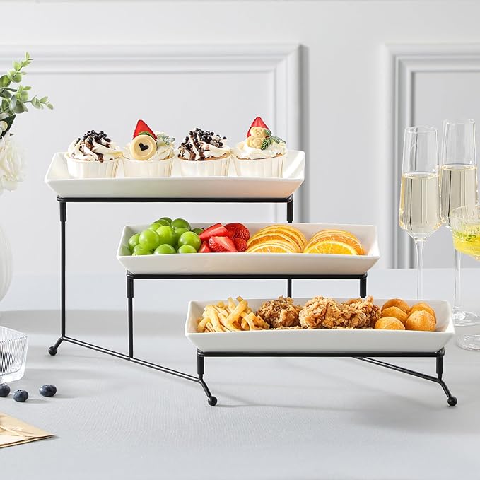 MALACASA 3 Tier Serving Trays for Party, Porcelain Serving Platters and Trays, 12 Inch Tiered Tray Stand, Fruit Tray, Trays for Serving Food, White Dessert Stand with Collapsible Sturdier Metal Rack-Ruum Studio Home