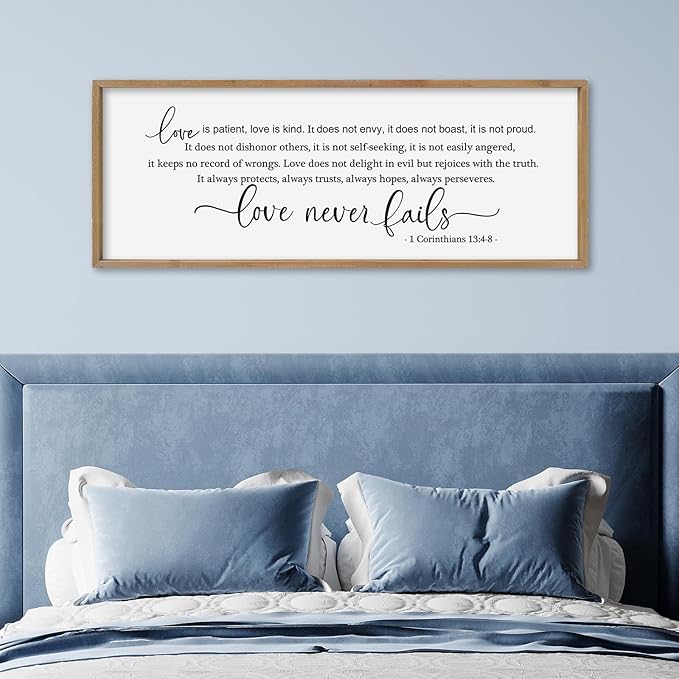 SRSZHIYUE Love is Patient Kind Sign Wall Decor Art 32"×12" 1 Corinthians 13 4-8 Master Bedroom Christian Wood Framed Large Wall Hanging (Wood)-Ruum Studio Home