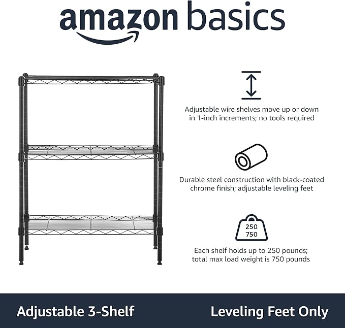 Amazon Basics 3-Shelf Adjustable Heavy Duty Steel Wire Rack Storage Shelving Organizer for Kitchen, Garage, 23.2" L x 13.4" W x 30" H, Black-Ruum Studio Home