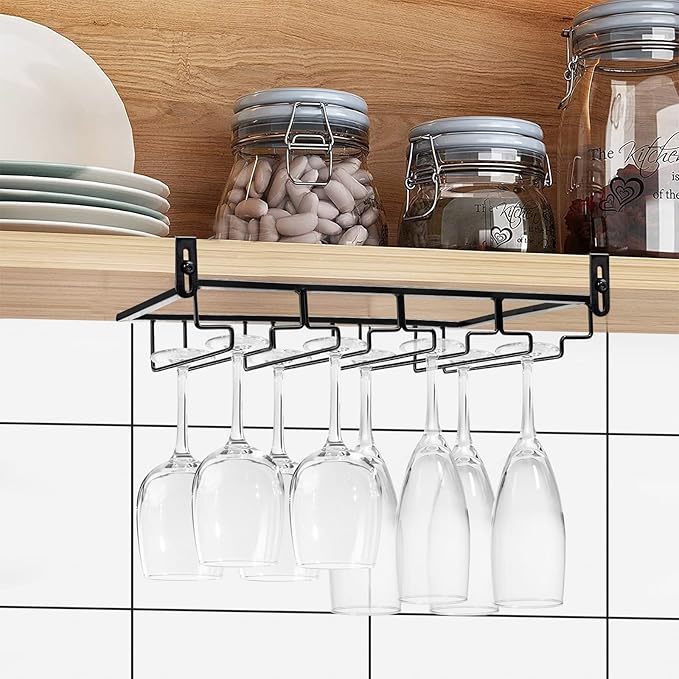 AUHOKY 2Pcs Adjustable Under Cabinet Stemware Metal Glass Holder, Hanging Wine Glass Storage Hanger Organizer for Shelf Kitchen Bar Decor(4 Rows, Black)-Ruum Studio Home