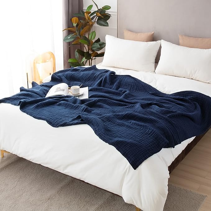 EMME Cotton Blanket Queen Size for Bed Soft Large Muslin Bed Blankets 90"x90" Lightweight Breathable All Season Gauze Blanket, Navy-Ruum Studio Home
