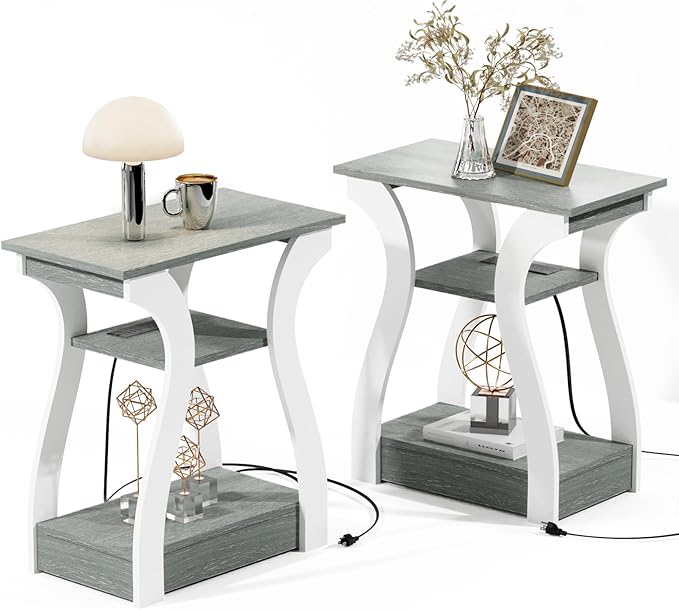 End Tables Living Room Set of 2,Grey End Table with Charging Station,Grey Side Table, Nightstand for Bedroom, 3 Tier End Table with Storage Shelf for Living Room-Ruum Studio Home