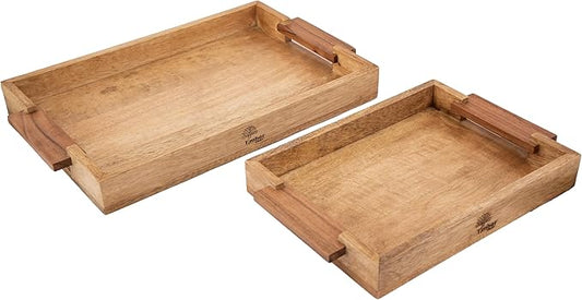 Mango Acacia Wood Serving Trays with Handles – Set of 2 Large Decorative Wooden Trays for Breakfast in Bed, Dinner, Snacks, Coffee Table, Ottoman, Couch & Patio Party – (16x10x1.75 & 8x12x1.75) Inches-Ruum Studio Home