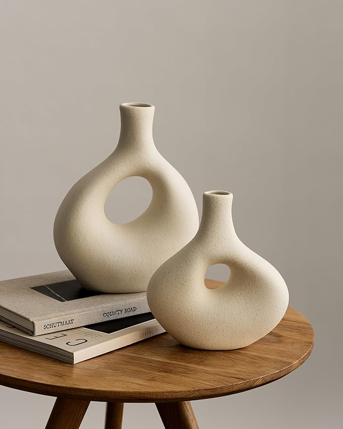 NOBULA White Ceramic Donut Vases – Modern Home Decor for Living Room, Bedroom & Table Centerpiece - Minimalist Nordic – Unique Vases for Olive Plant & Flowers – Decorative Coffee Table Vase Set of 2-Ruum Studio Home