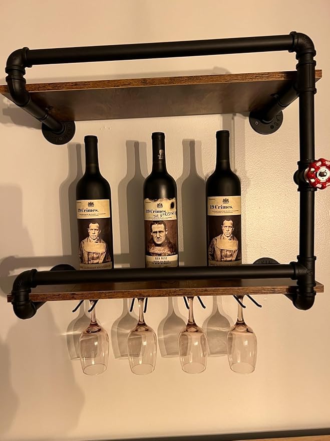 Wine Rack Wall Mounted 2 Tier, Hanging Floating Small Mini Bar Liquor Shelves with Glass Holder Storage Under, Industrial Rustic Pipe Farmhouse Kitchen Decor Black(23.6x10.6x19.7)-Ruum Studio Home