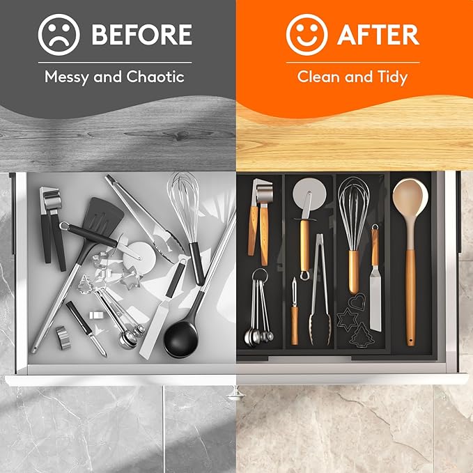 Lifewit Utensil Organizer for Kitchen Drawer, Expandable Cooking Utensil Tray, Bamboo Cutlery Silverware Flatware Holder, Adjustable Spatula Tools and Gadgets Storage Divider, Large, Black-Ruum Studio Home