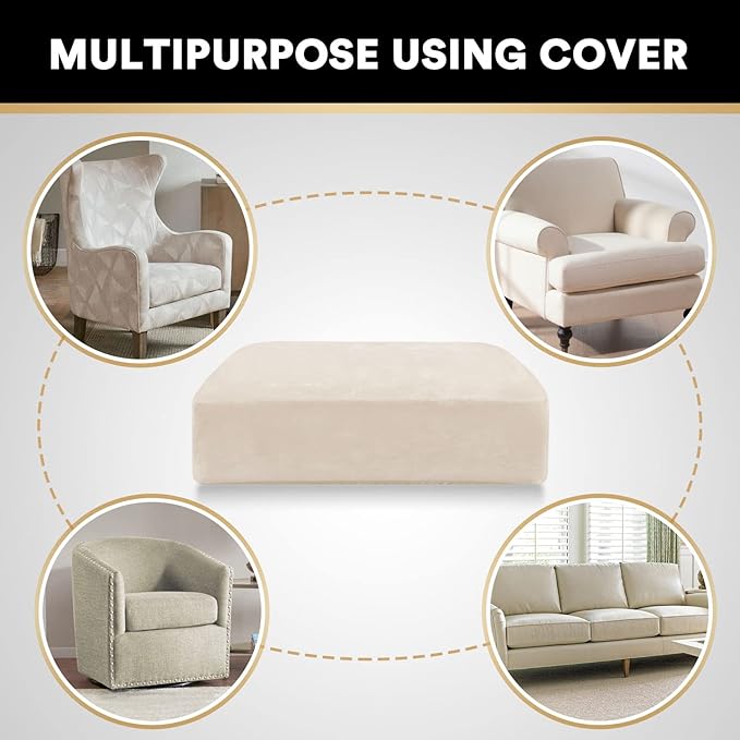 PrinceDeco Stretch Velvet Couch Cushion Cover,Soft Fitted Cushion Slipcover for Chair Cushion Furniture Protector Seat Cushion Sofa Cover Width Up to 29.5", Ivory-Ruum Studio Home