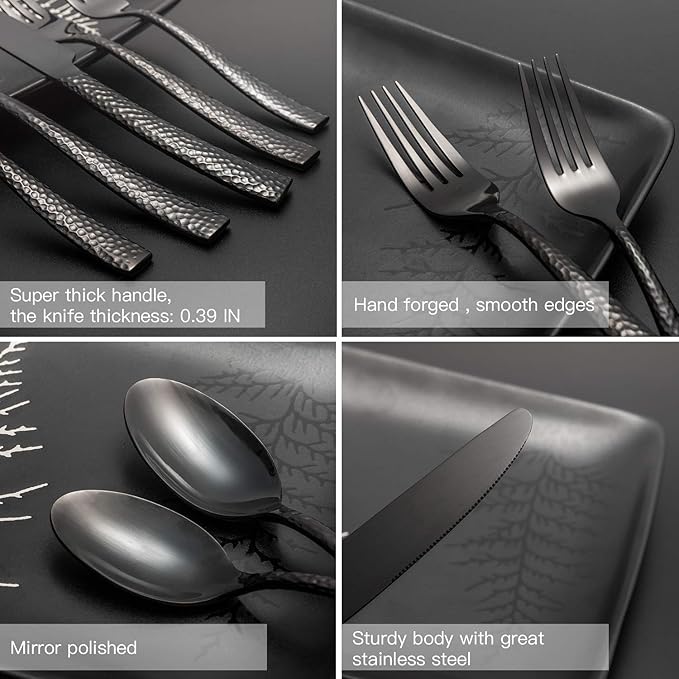 Silverware 45-Piece Black Hammered Flatware Set with Serving Utensils Stainless Steel Thick Handle Mirror Polished Cutlery Set for Wedding Hotel Restaurant, Service for 8-Ruum Studio Home