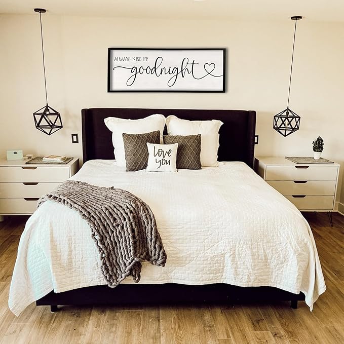 flowtorely Always Kiss Me Goodnight Wall Sign For Master Bedroom Above Bed Wall Decor 40''×15'' Large Rustic Solid Wood Frame For Farmhouse Couples Above bed Wall Art Decoration (Black)-Ruum Studio Home