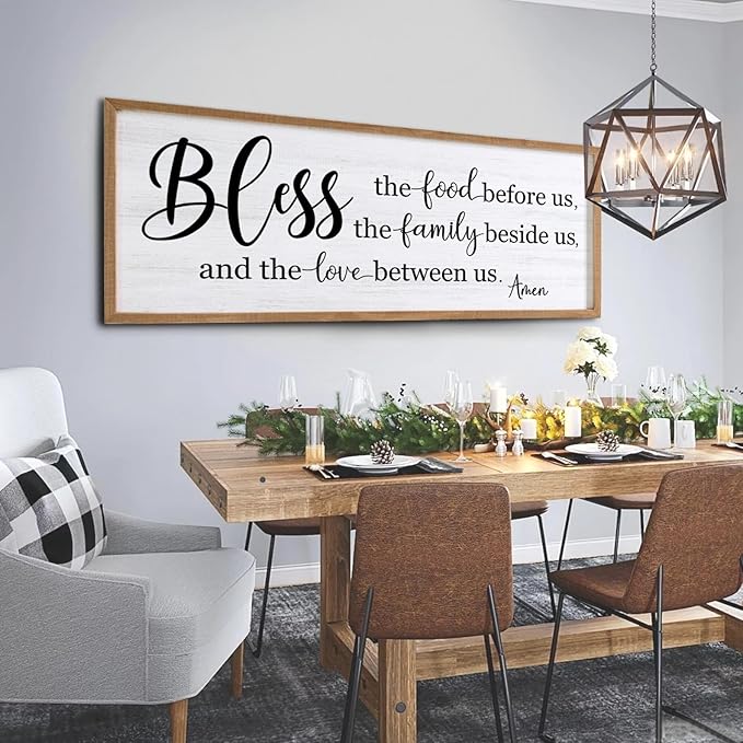 Bless the Food Before Us, the Family Beside Us, and the Love between us Framed Wall Art for Dining Room, 40''×15'' Holy Positive Religious Rustic Bible Verse for Christian God Jesus Christ Prayer-Ruum Studio Home