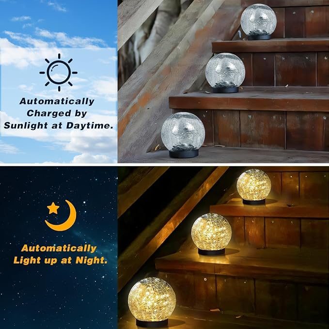 Solar Garden Lights Outdoor Waterproof, 6 Pack LEDs Cracked Glass Ball Light, Ground Landscape Garden Decor, Solar Globe Decorative for Pathway/Patio/Lawn/Yard (Warm White, 3.9")-Ruum Studio Home