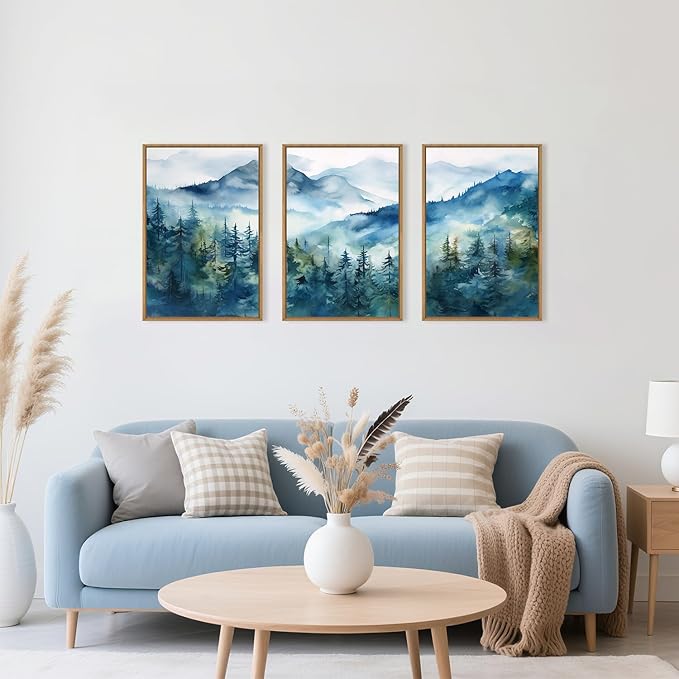 Celestdeco Blue Ridge Mountains Forest Framed Canvas Wall Art Set, Natural Landscape Wall Decor, Green Pine Trees Wall Painting, Woodland Artworks for Living Room, Bedroom, Dining Room - 16"x24"x3-Ruum Studio Home