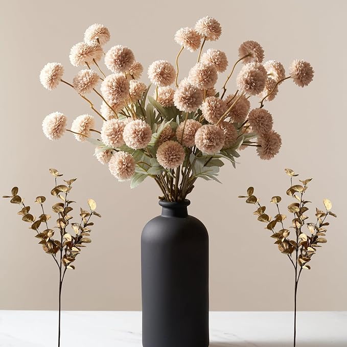 Beige Fake Flowers Silk 10 Stems With Eucalyptus, Faux Flowers For Vase, Artificial Mums Long Stem, Mini Faux Mums Flower Bulk, Tan Nude Cream Neutral Floral, Chrysanthemum Pom Pom Floral Arrangements-Ruum Studio Home