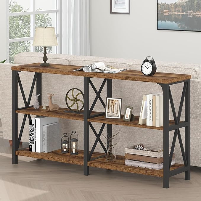 LVB Wood Console Table, Rustic 3 Tier Sofa Table Behind Couch, Industrial Metal Entryway Table with Storage Shelf, Farmhouse Wooden Foyer Hallway Table for Entry Living Room, Rustic Brown, 55 Inch-Ruum Studio Home