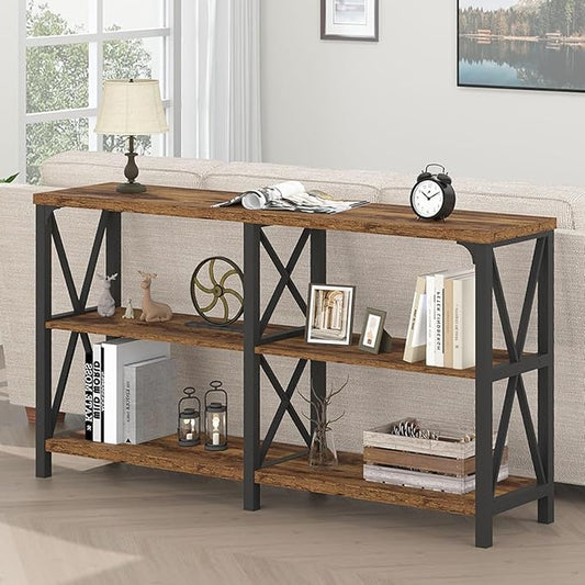 LVB Wood Console Table, Rustic 3 Tier Sofa Table Behind Couch, Industrial Metal Entryway Table with Storage Shelf, Farmhouse Wooden Foyer Hallway Table for Entry Living Room, Rustic Brown, 55 Inch-Ruum Studio Home