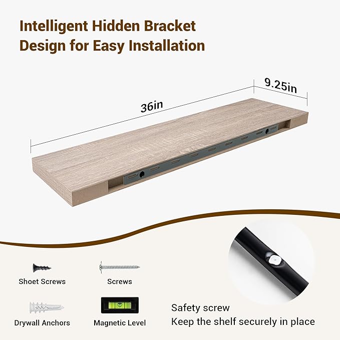 36 Inch Floating Shelves, 3D Textured Wood Grain, 36"x9.25"x1.5" Inch Deep Floating Shelves for Wall, Wooden Shelves for Bathroom, Bedroom, Living Room, Vintage White Oak-Ruum Studio Home