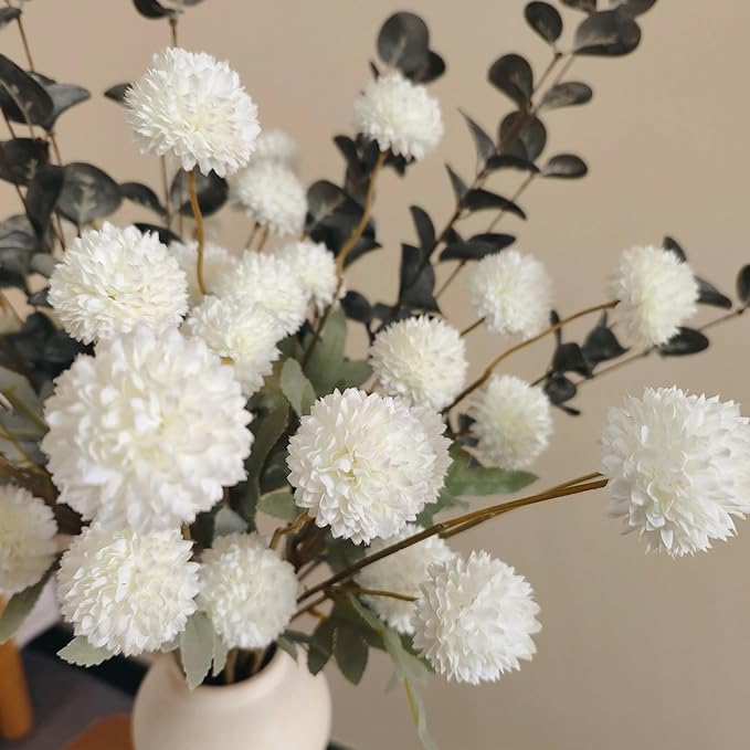 White Faux Flowers for Vase - Kiku 10 Stems & Eucalyptus, Fake Flowers Stems for Pottery Vase, Realistic Artificial Flowers, Pom Pom Balls for Aesthetic Room Decor, Floral Arrangements Centerpiece-Ruum Studio Home