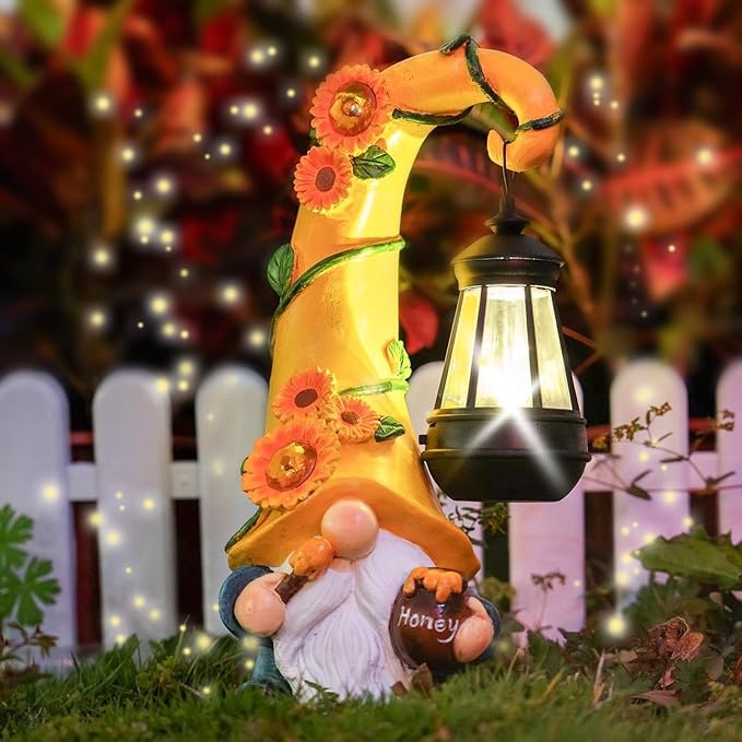 Fall Decorations for Home Porch 12" Solar Fall Gnome Sunflower Garden Statues Honey Bee Jar Decor with LED Lantern Outdoor Gnomes Decorations Patio Yard Balcony Art Birthday Gifts for Mom Grandma-Ruum Studio Home