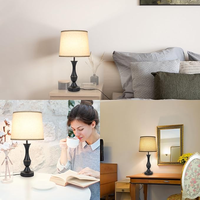 Touch Lamps for Bedrooms Set of 2, Farmhouse Table Lamp with USB C Charging Port, 3 Way Dimmable Nightstand Lamps with Linen Fabric Lampshade for Bedroom, Living Room (Pack2-Black)-Ruum Studio Home