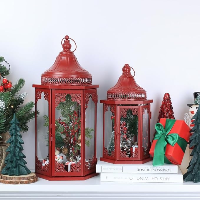 NEEDOMO Christmas Decorations Set of 2, 22''/15'' Christmas Lantern with Glass Panels for Home Decor, Decorative Hanging Lantern Indoor Outdoor for Xmas Table Centerpieces, Porch, Patio(Red)-Ruum Studio Home