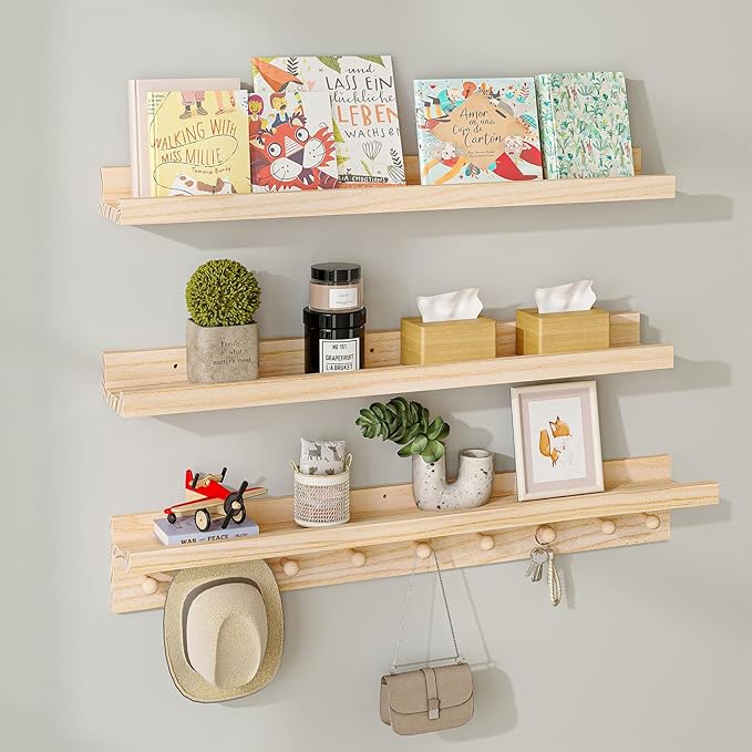 MBYD Wood Wall Shelf With Hooks Floating Shelves for Wall Bathroom Shelves Wall Mounted Nursery Floating Bookshelf for Kids Room Toy Storage Shelf for Bedroom Picture Frames Kitchen (Natural, 36 Inch)-Ruum Studio Home