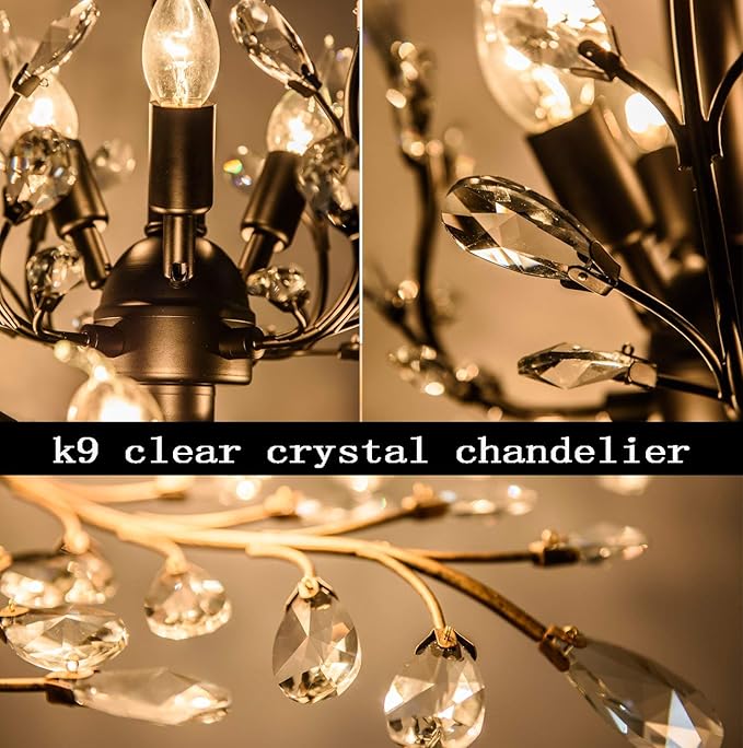 Ganeed Crystal Chandeliers,Vintage 8 Lights Pendant Light,K9 Clear Crystal Chandelier Lighting Fixtures,Ceiling Light for Living Room Bedroom Restaurant Porch Hallway (Black)-Ruum Studio Home