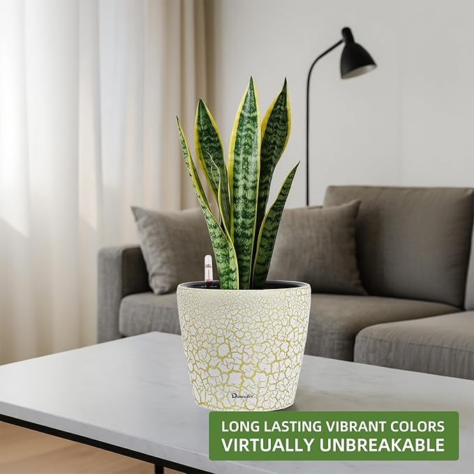 Dexceder 11x10 Inches Self Watering Planter Indoor Outdoor, Inner Pot Design, Thickened Table Flower Plant Pot with Water Level Indicator (White Gold Crackle)-Ruum Studio Home