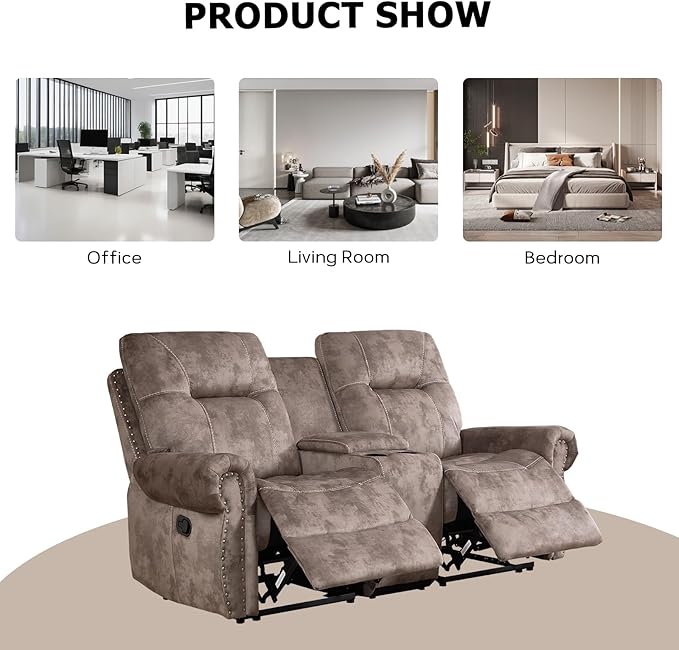 EBELLO Manual Recliner Loveseat Sofa, 2 Seater Reclining Couch Chair with Center Console, Hidden Storage and Cup Holders, Vintage Rivet Mid-Century Design for Living Room, Meeting Room, Brown-Ruum Studio Home