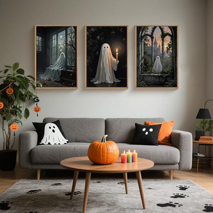 LHIUEM Large Halloween Cute Ghost Framed Canvas Wall Art Set,Vintage Spooky Wall Decor,Retro Dark Prints,Midnight Candle Poster Artwork for Living Room,Bathroom,Dining Room -16"x24"x3-Ruum Studio Home