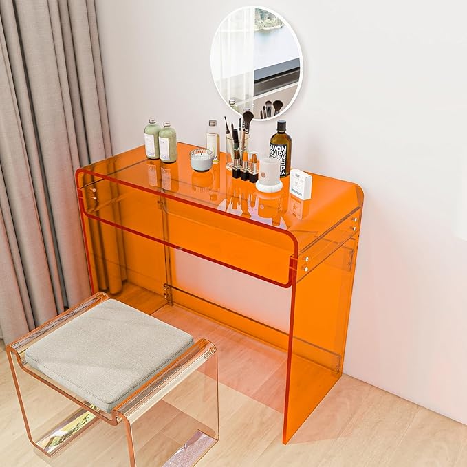 Acrylic Desk, Orange Table, Acrylic Console Table for Office, Study, Bedroom, Entrance Decor (15.5" D x 33.5" W x 29.3" H, Orange)-Ruum Studio Home