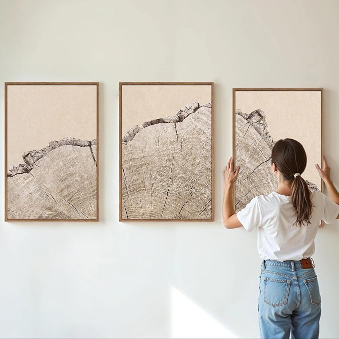 SIGNINART Large Tree Ring Framed Canvas Wall Art Set, Rustic Beige Wooden Wall Decor, Neutral Nature Wood Stump Artwork, Modern Art Prints for Bedroom Living Room Office 24"x36"x3-Ruum Studio Home