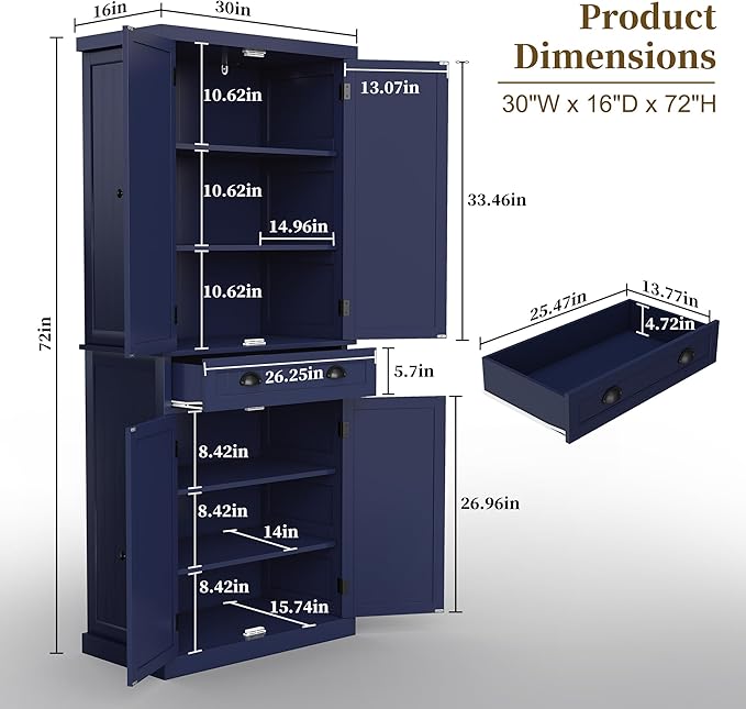 ARTPOWER 72" Tall Kitchen Pantry Storage Cabinet with Drawer and Adjustable Shelves, Pantry Cabinet for Kitchen, Bathroom or Hallway, Blue-Ruum Studio Home
