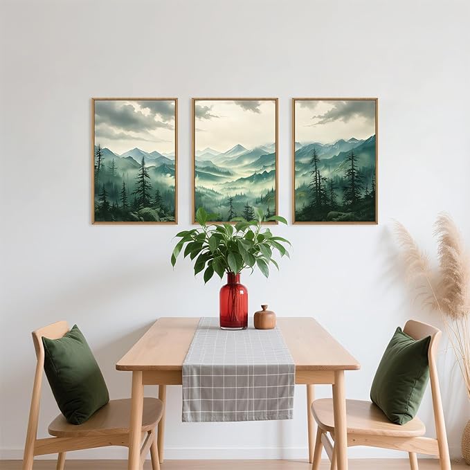 Green Foggy Mountain Framed Canvas Wall Art Set, Misty Forest Wall Decor, Watercolor Pine Tree Wall Painting, Large Nature Landscape Art Print for Living Room, Bedroom, Office - 16"X24"X3-Ruum Studio Home