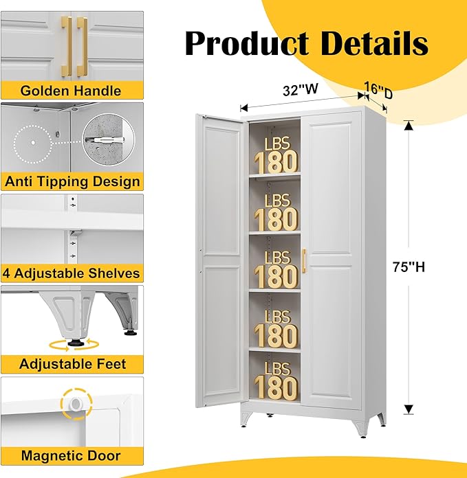 Kitchen Pantry Cabinet,75”White Metal Storage Cabinets with Doors and 4 Adjustable Shelves,Kitchen Cabinet with 2 Gold Handles,Tall Cabinet for Livingroom,Pantry, Bathroom-Ruum Studio Home