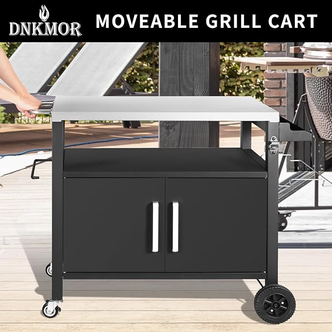 Dining Cart Table with Big Storage Cabinet, Movable Outdoor BBQ Grill Table Pizza Oven Stand, Kitchen Cart Island Multifunctional Food Prep for Inside and Outside-Ruum Studio Home