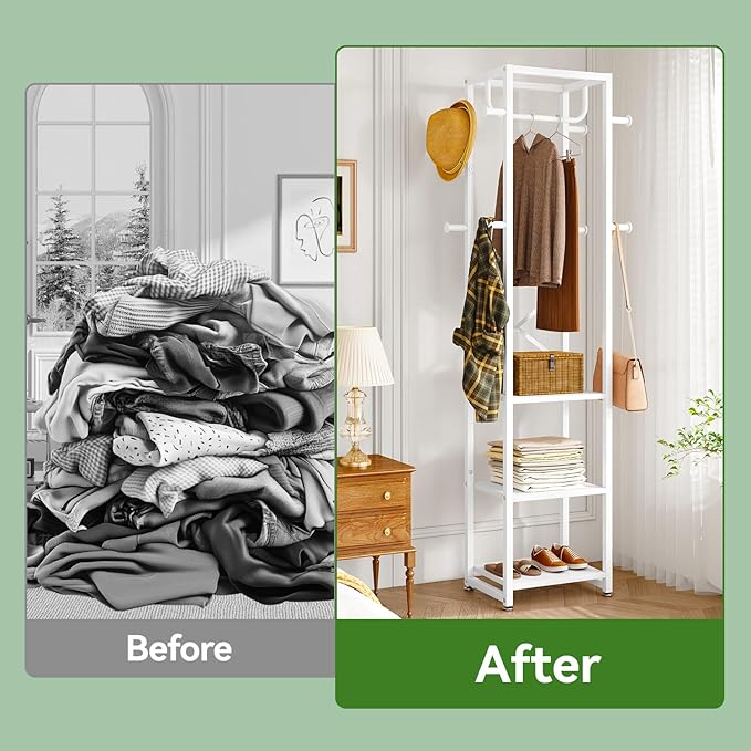 IBUYKE Coat Rack with Shelves, Freestanding Hall Tree with 3 Shelves and 8 Hooks, Industrial Clothes Stand for Entryway, Hallway, Bedroom, White UTMJ088W-Ruum Studio Home